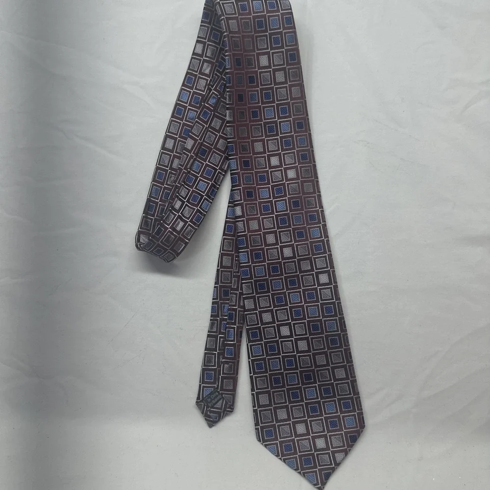 Pronto Uomo Necktie Mens OS Burgundy Blue Silver Geometric Square Silk Hand Made